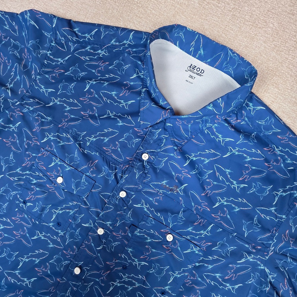 IZOD Saltwater Mens 3XLT Blue Shark Print Performance Fishing Shirt 46IZSHB4HX